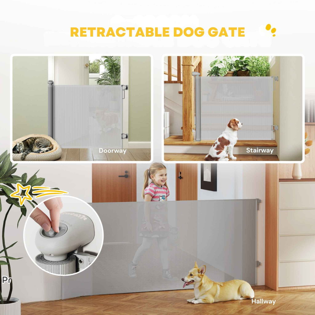 Retractable grey mesh dog gate