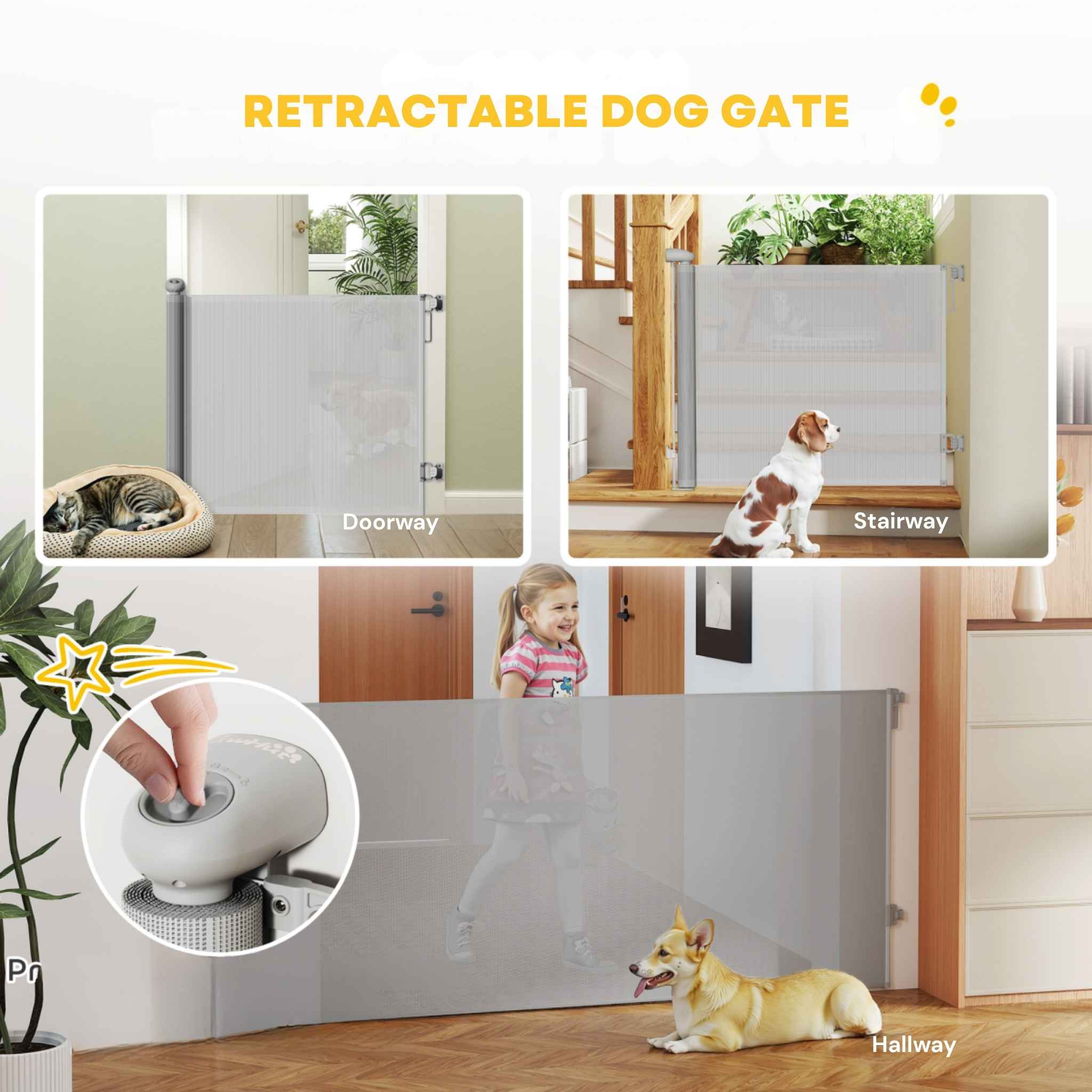 Retractable grey mesh dog gate