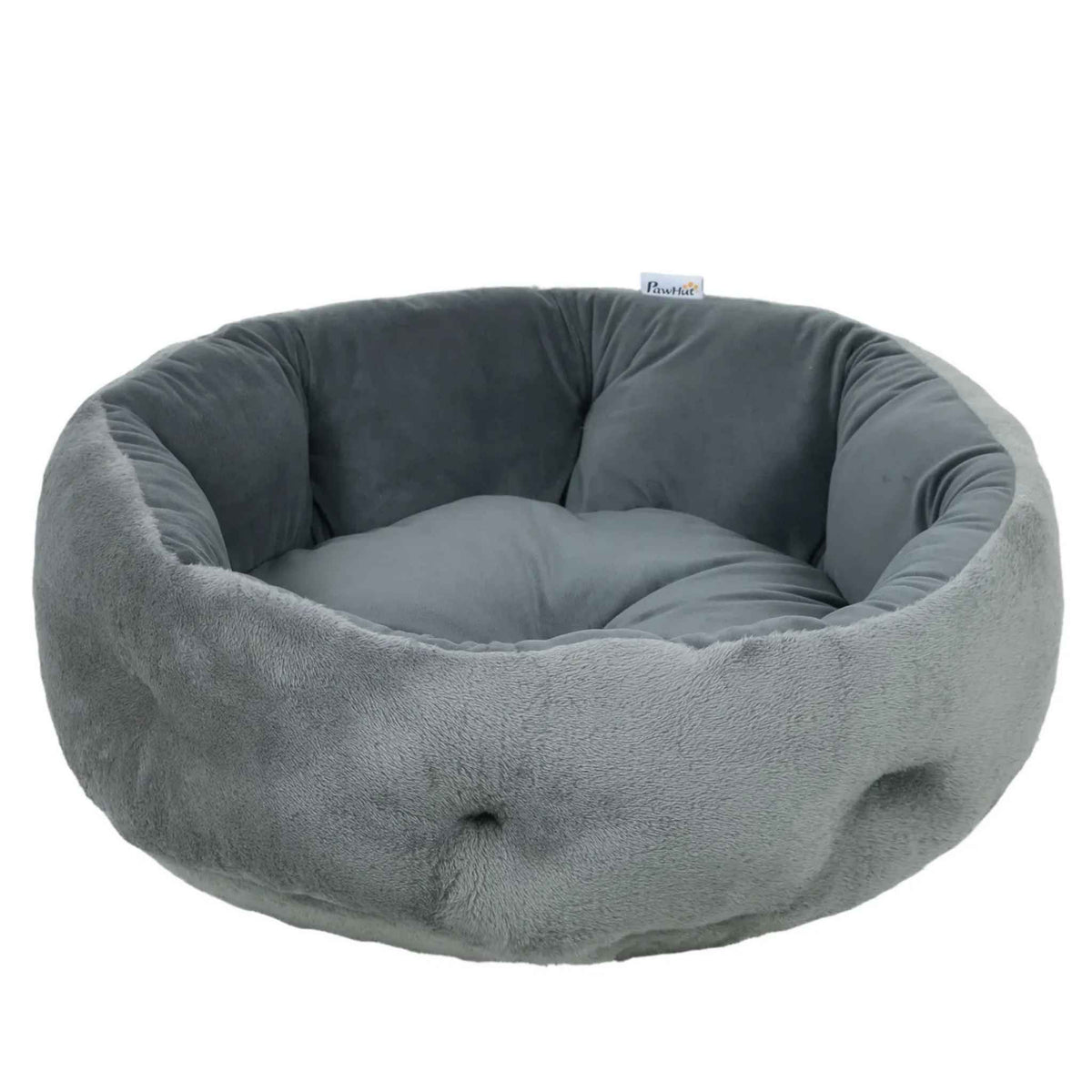 Round plush grey fabric cat bed