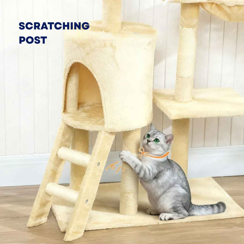Scratching post on beige fabric cat tower