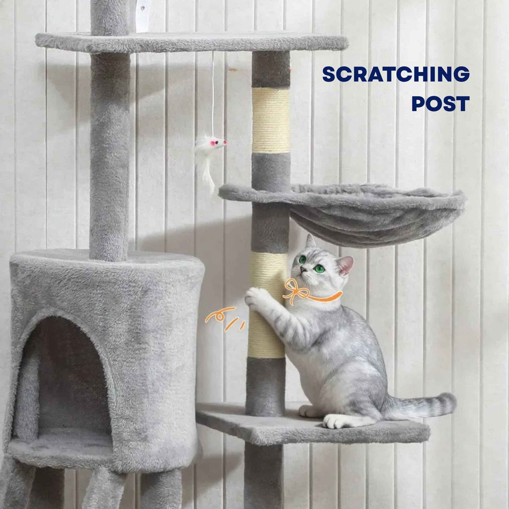 Scratching post on grey fabric cat tower