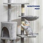 Scratching post on grey fabric cat tower