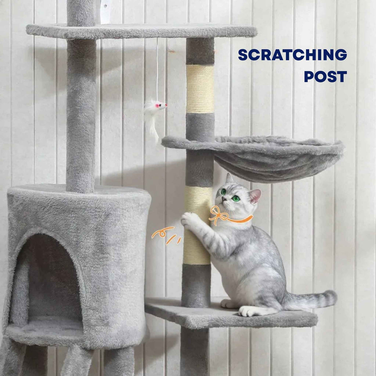 Scratching post on grey fabric cat tower