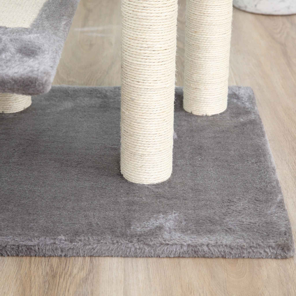 Sisal rope scratcher posts on tall grey cat tree