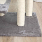 Sisal rope scratcher posts on tall grey cat tree