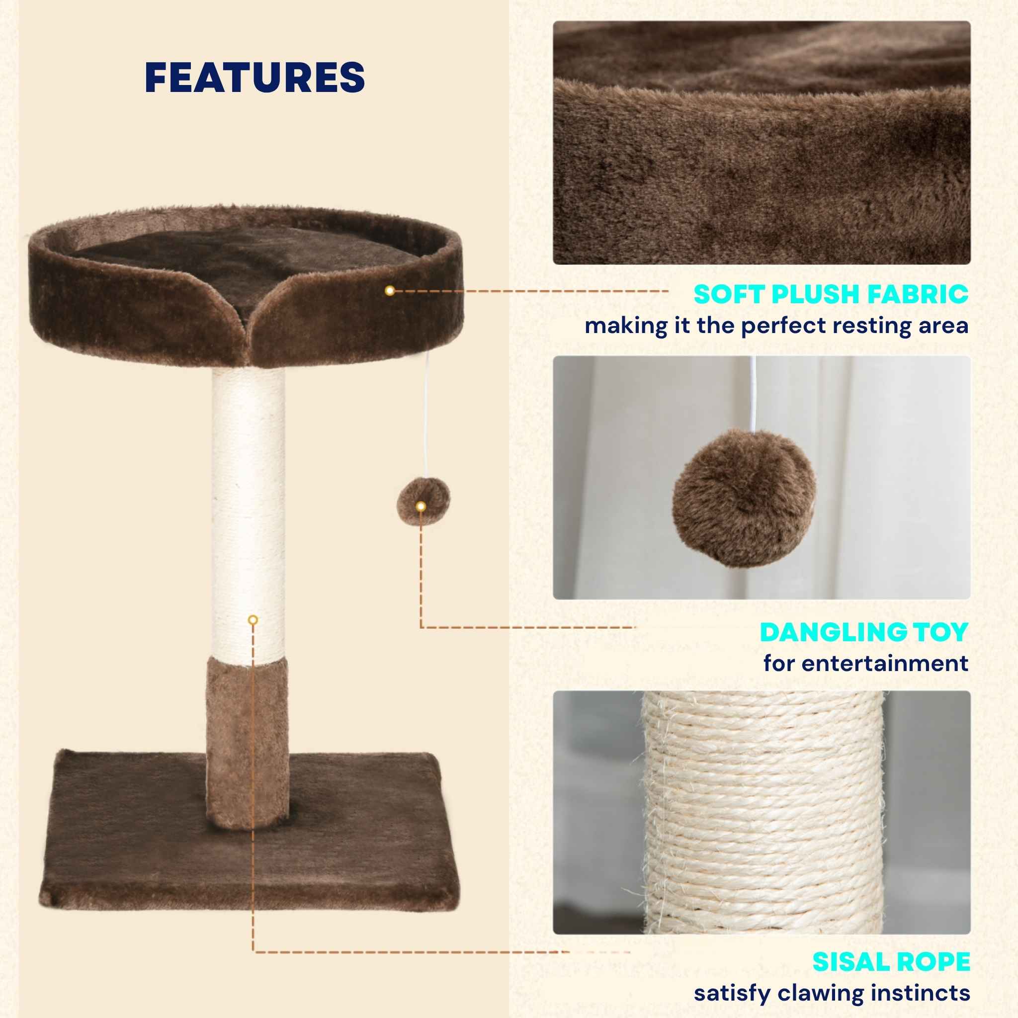 Small brown fabric cat tree features