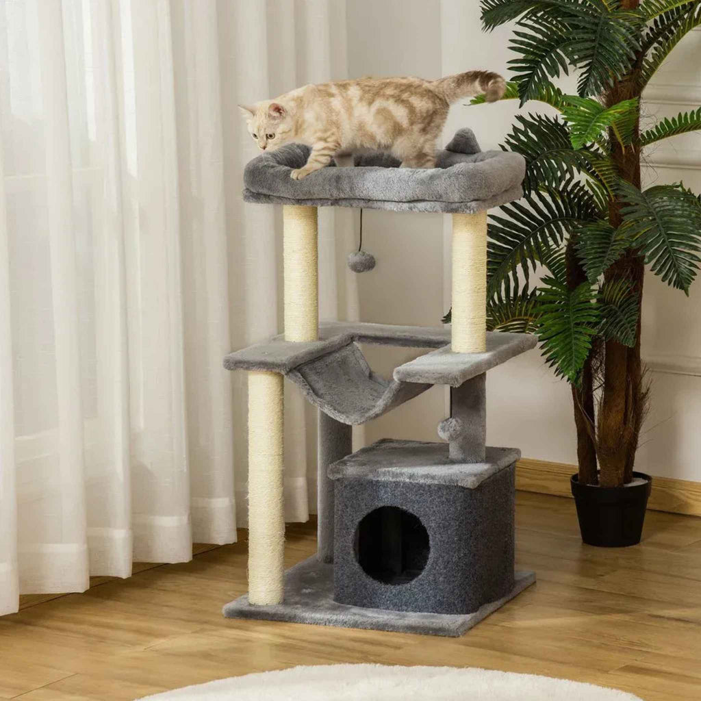 Small cat on top perch of small grey cat tree