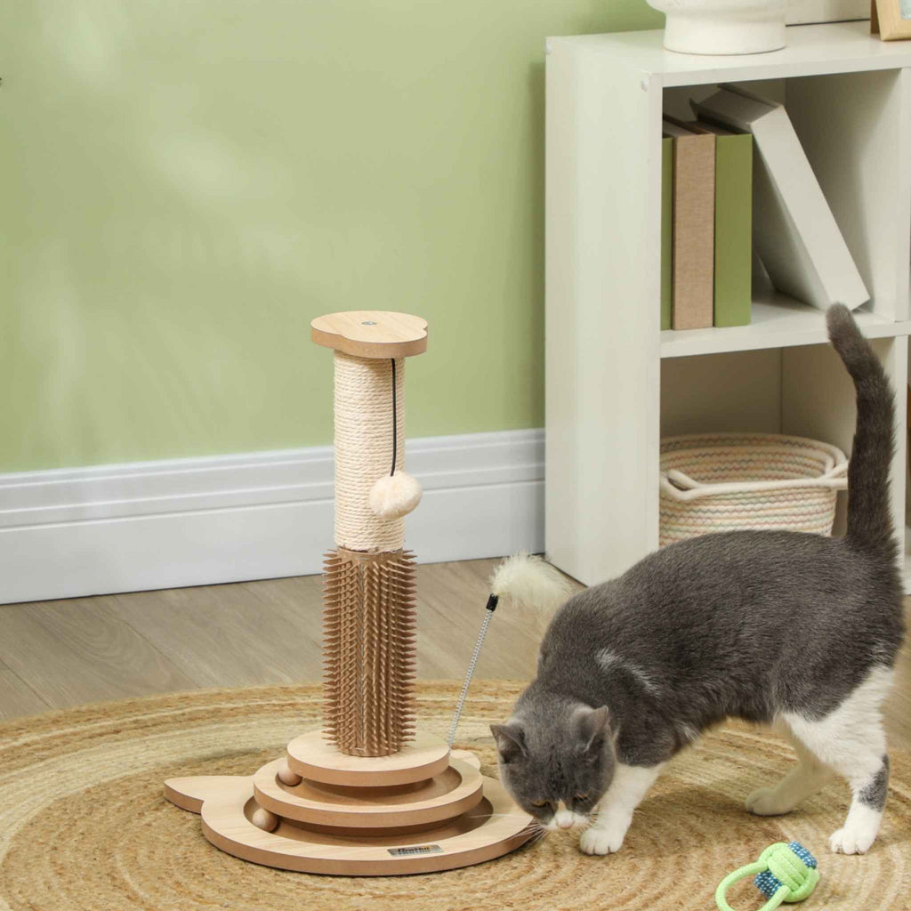 Small cat scratching post with self groomer and interactive toys in living room