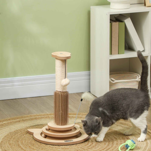 Small cat scratching post with self groomer and interactive toys in living room