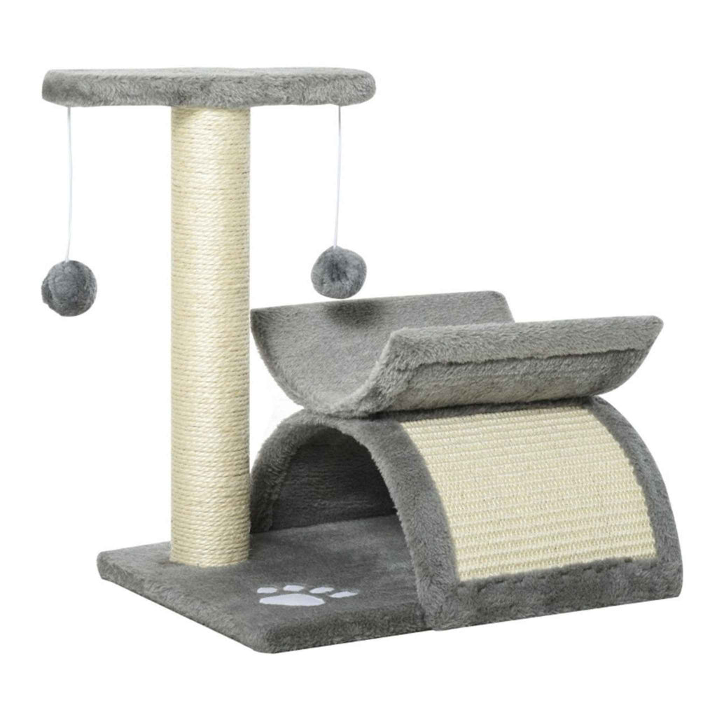 Small cat tree 43cm tall grey plush fabric sisal rope