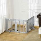 Small dog in grey dog gate in living room