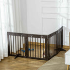 Small dog in safety gate in living room