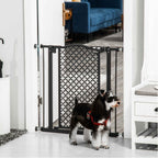 Small dog sitting in front of decorative black pet barrier