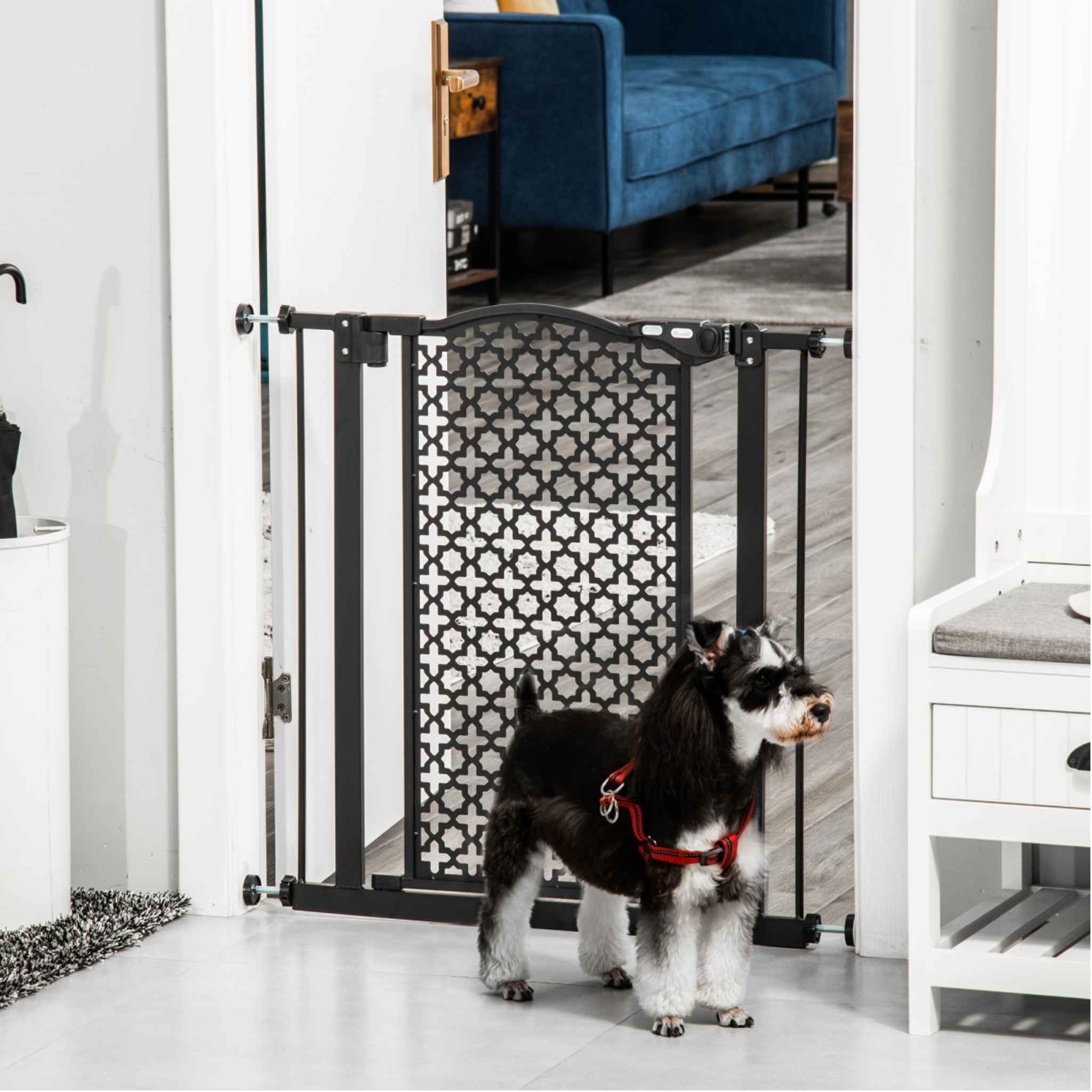 Small dog sitting in front of decorative black pet barrier