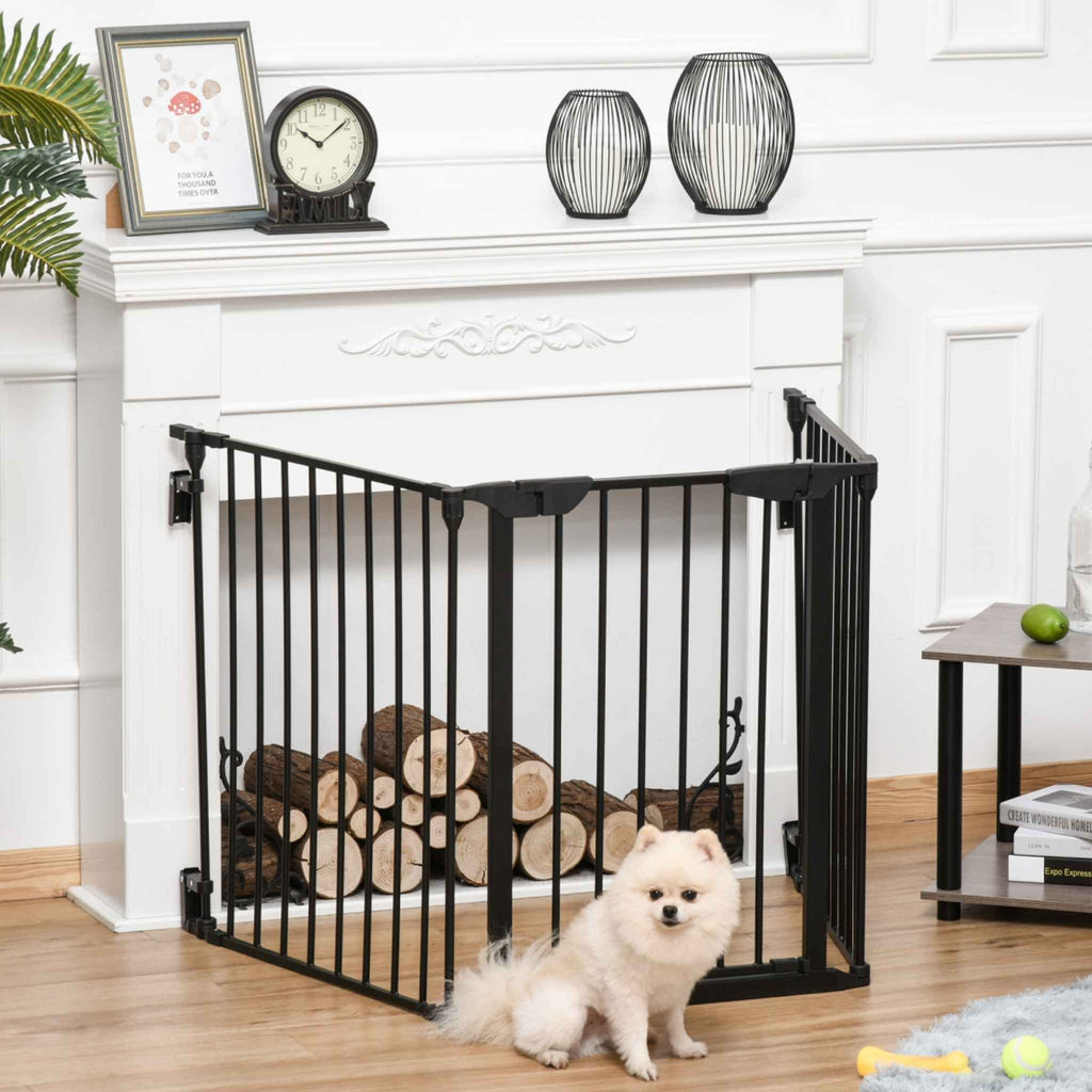 Small dog sitting in front of freestanding pet barrier in lounge