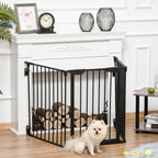 Small dog sitting in front of freestanding pet barrier in lounge