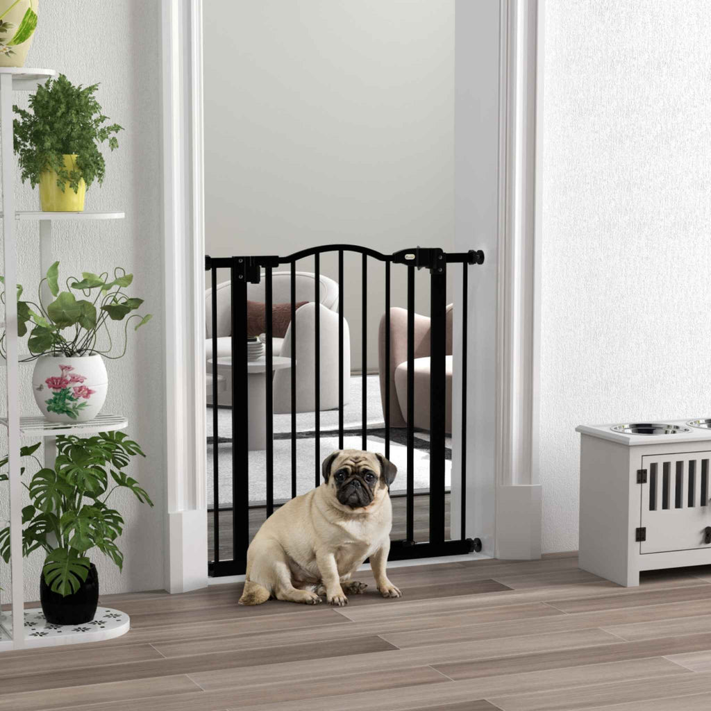 Small dog sitting in front of narrow black metal dog barrier in living room