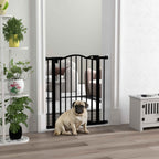 Small dog sitting in front of narrow black metal dog barrier in living room