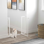 Small dog sitting in front of pet barrier in open position