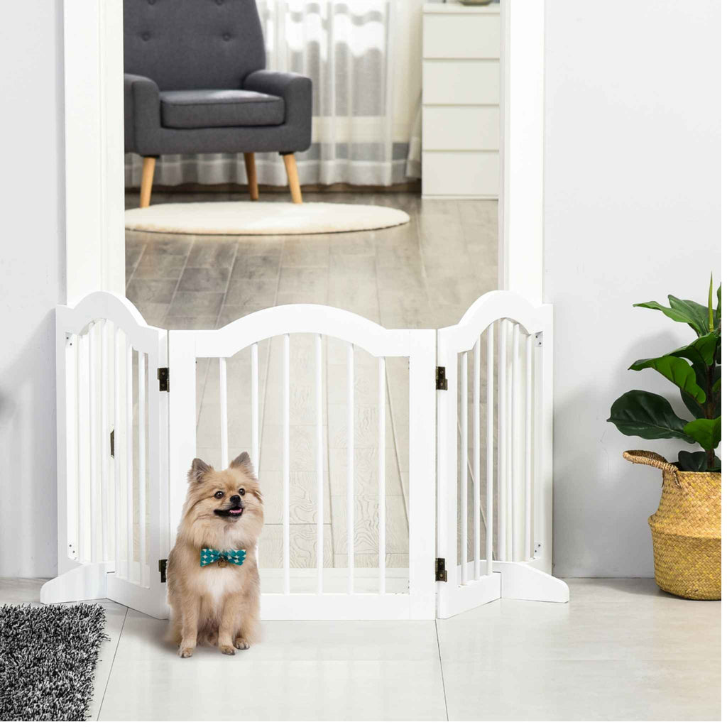 Small dog sitting in front of white freestanding pet gate