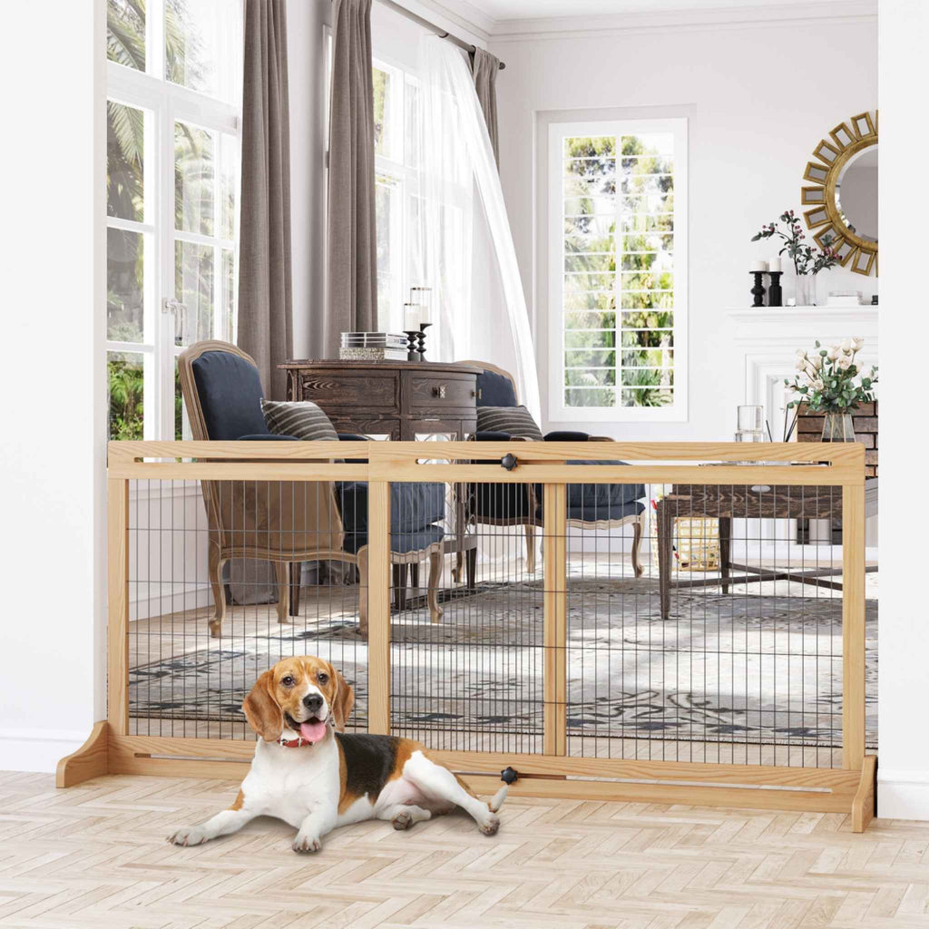 Small dog sitting in front of wooden safety barrier in living room