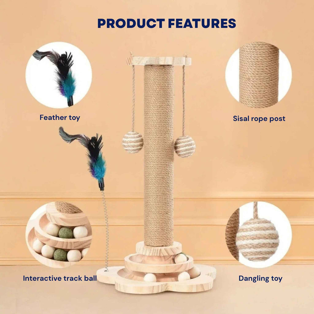 Solid wood scratching post features