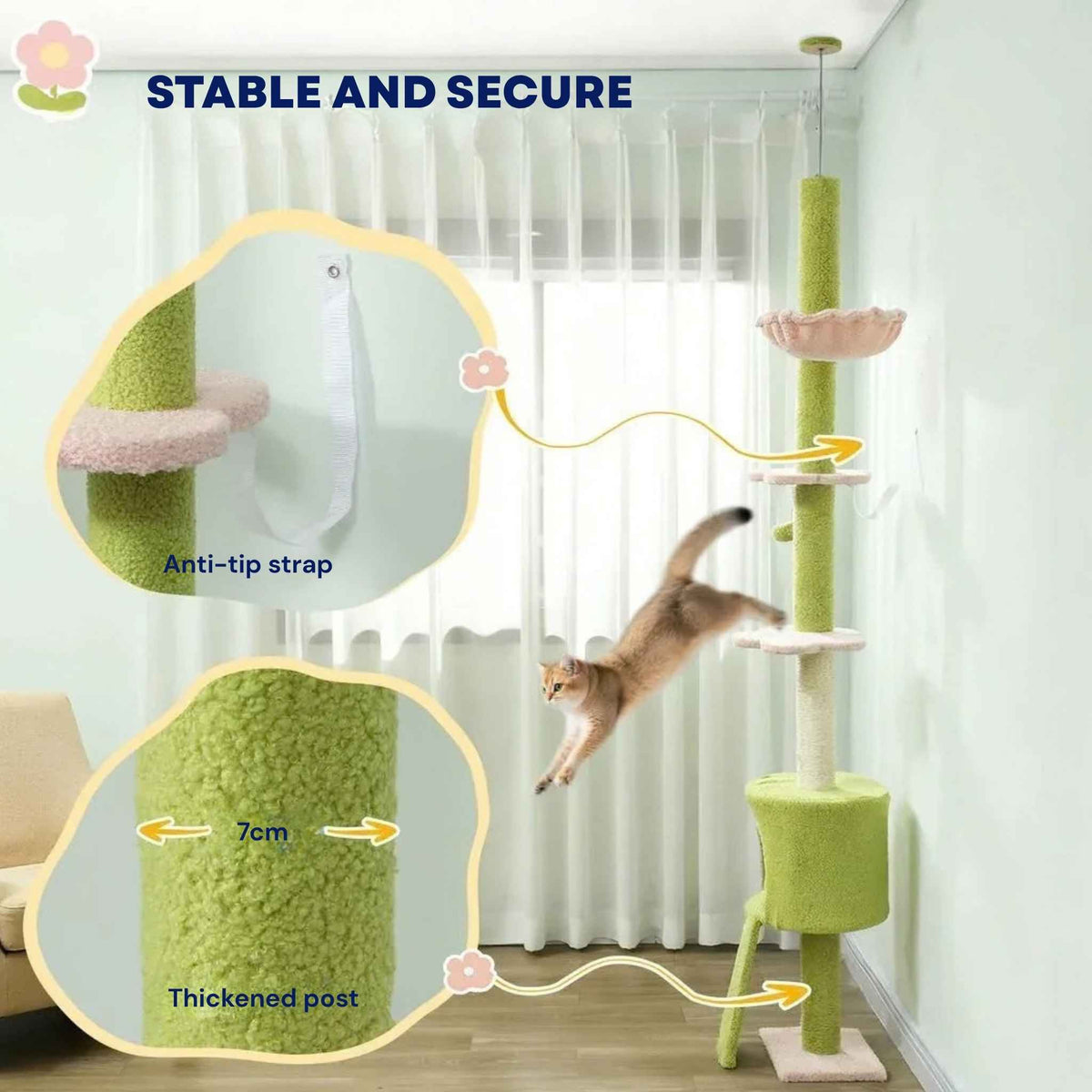 Stability features for extra tall cat tree