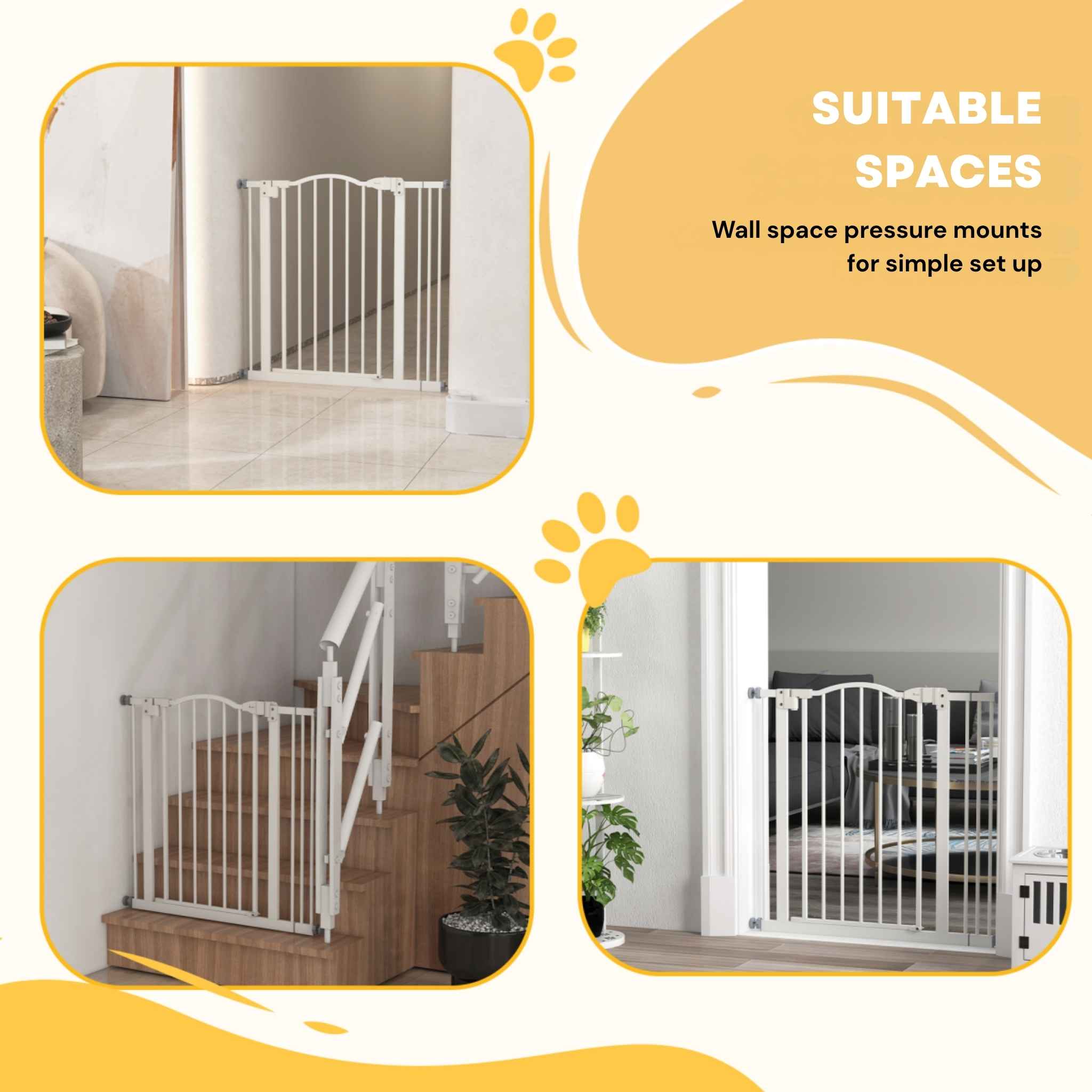 Suitable spaces for white metal 74–87cm x 78cm dog gate