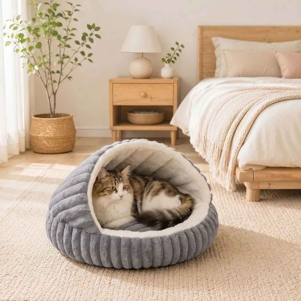 Tabby cat resting in grey cat bed