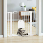Tabby cat walking through cat door