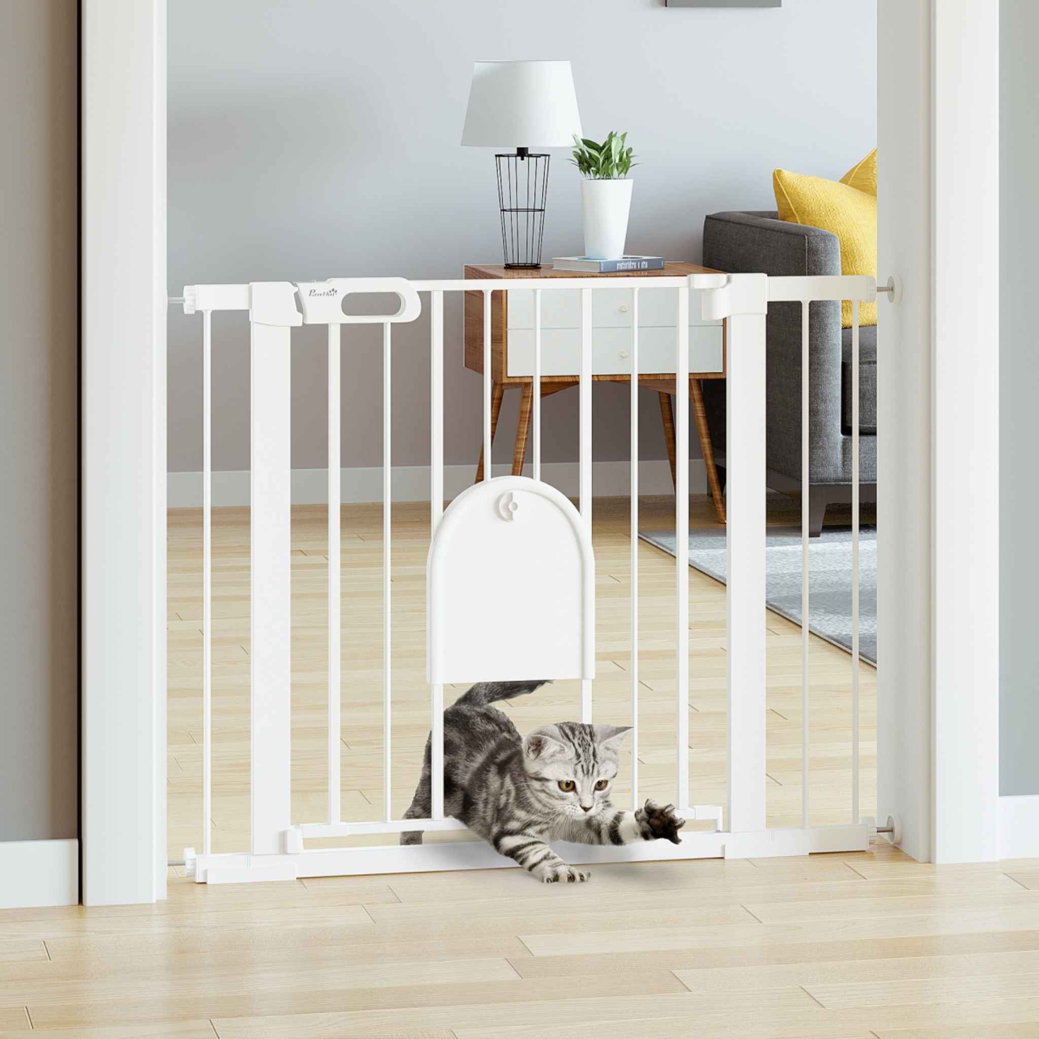 Tabby cat walking through cat door