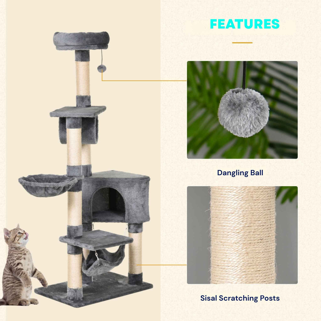 Tall grey fabric cat tree product features