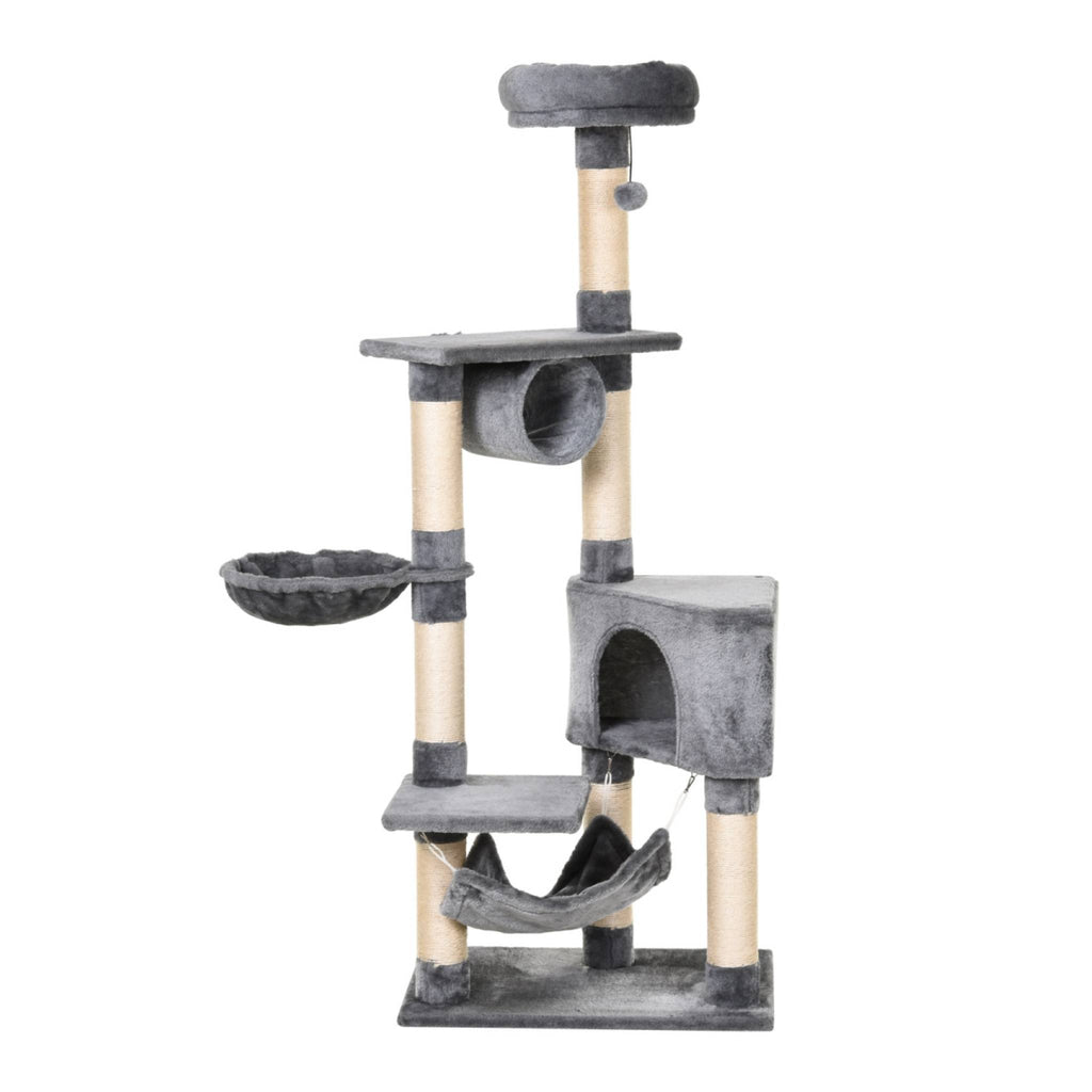 Tall multi-level grey plush fabric cat tree