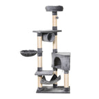 Tall multi-level grey plush fabric cat tree
