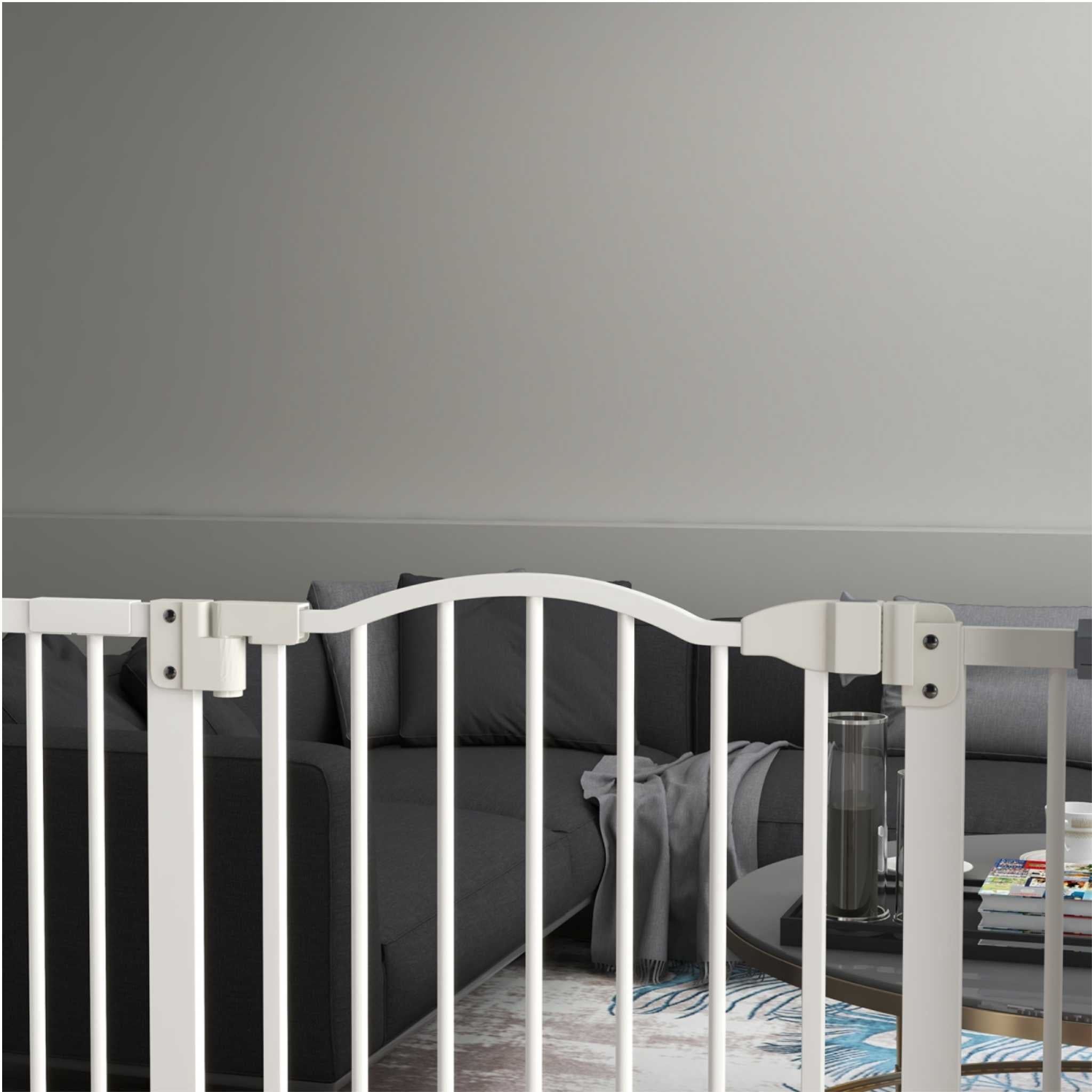 Tall white pet barrier in living room