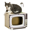 TV shaped corrugated cardboard cat scratcher with rat toy