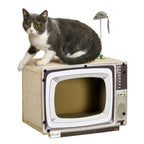 TV shaped corrugated cardboard cat scratcher with rat toy