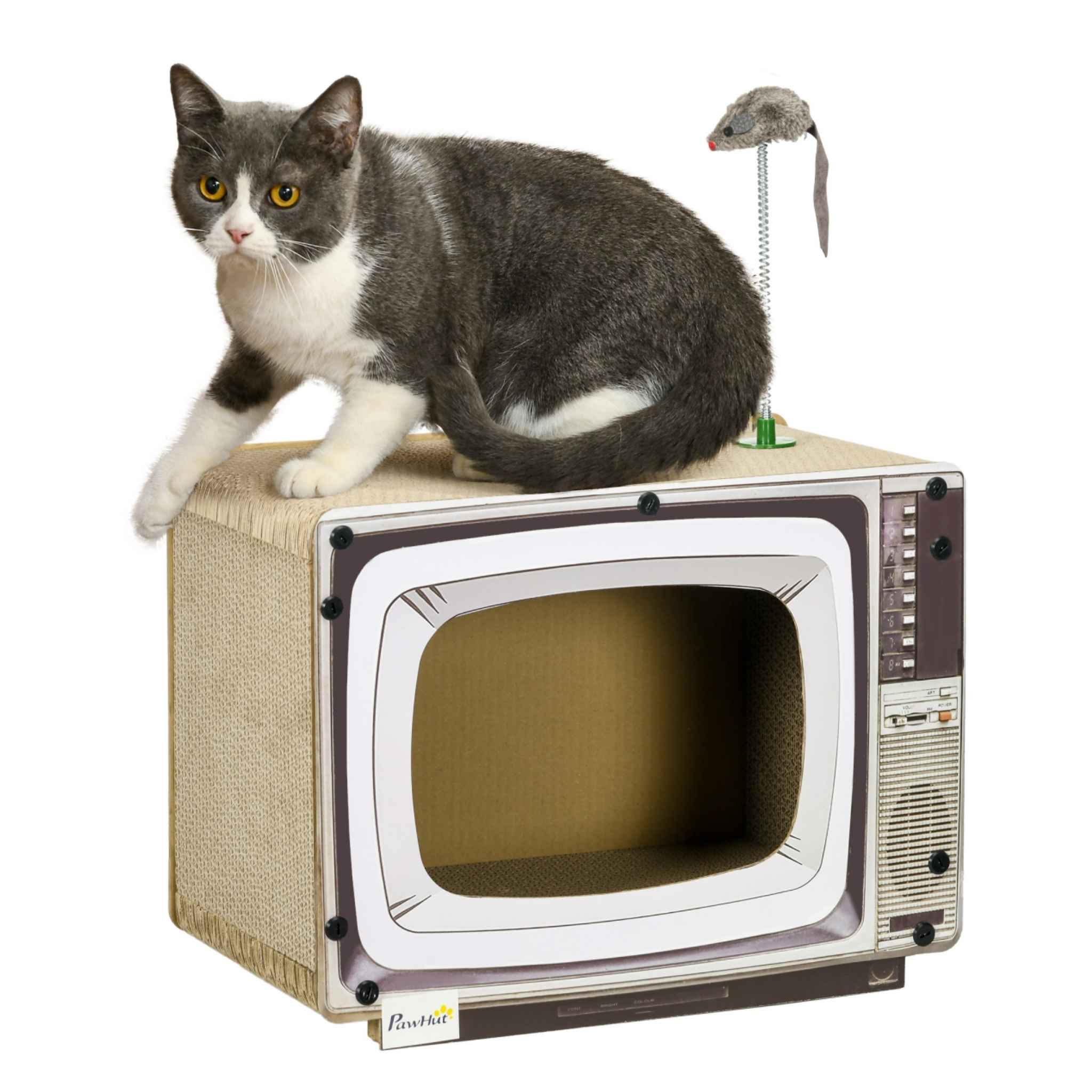 TV shaped corrugated cardboard cat scratcher with rat toy