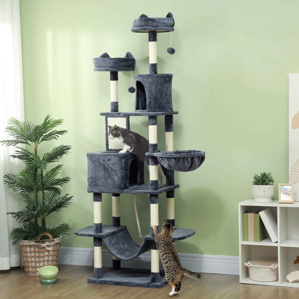 Two cats climbing on dark grey cat tree