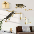 Two cats climbing on a wood effect wall mounted cat tree