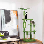 Two cats playing on green cat tree