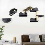 Two cats playing on wall mounted scratcher