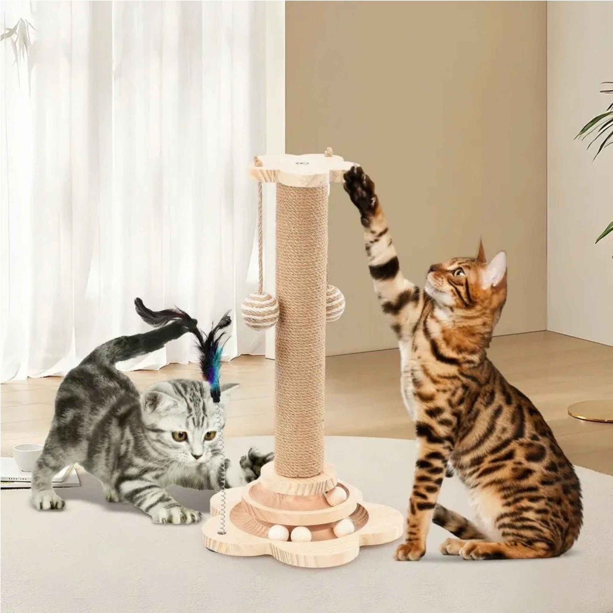 Two cats playing with toys on scratching post