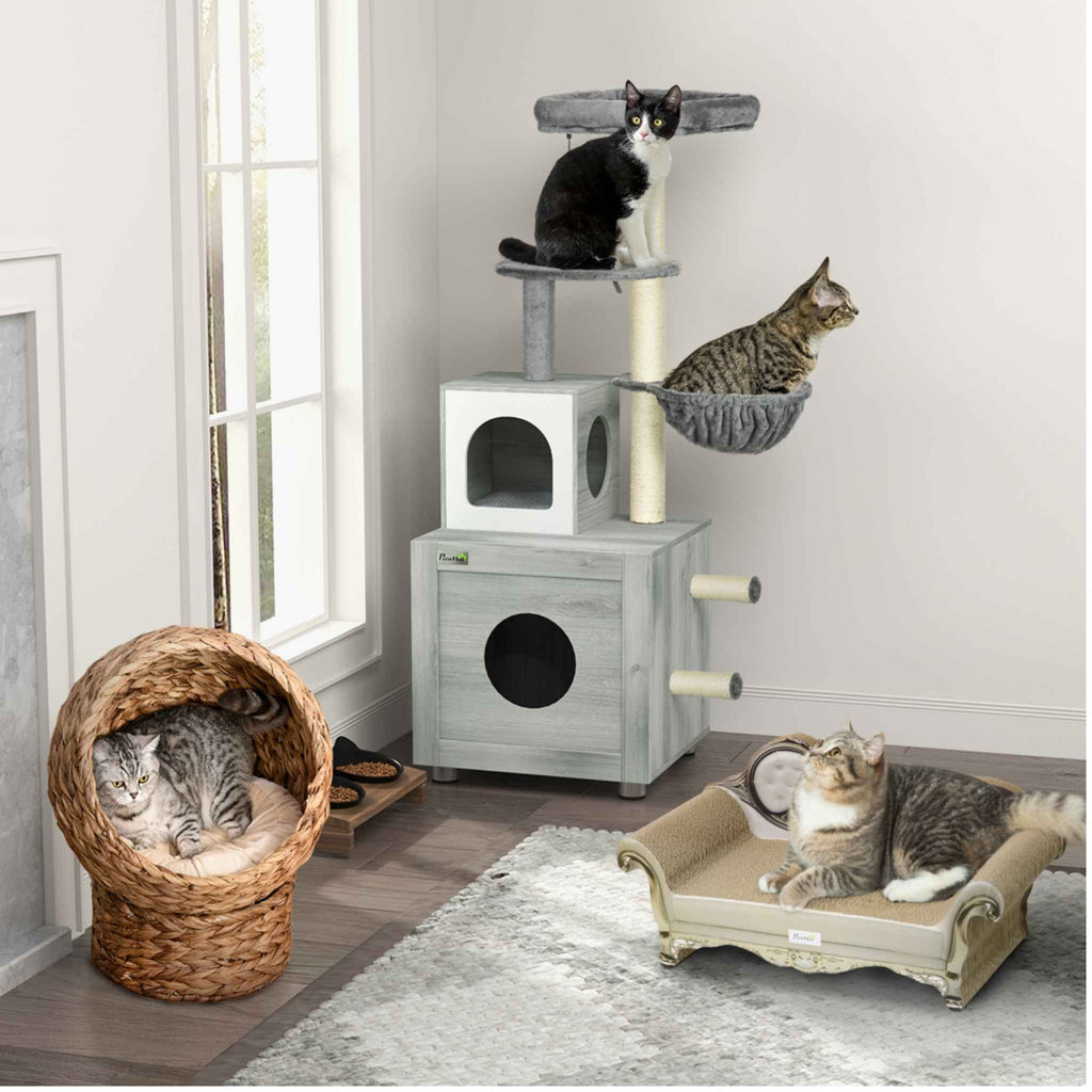Two cats sitting on cat tree with enclosure for litter tray