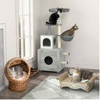 Two cats sitting on cat tree with enclosure for litter tray