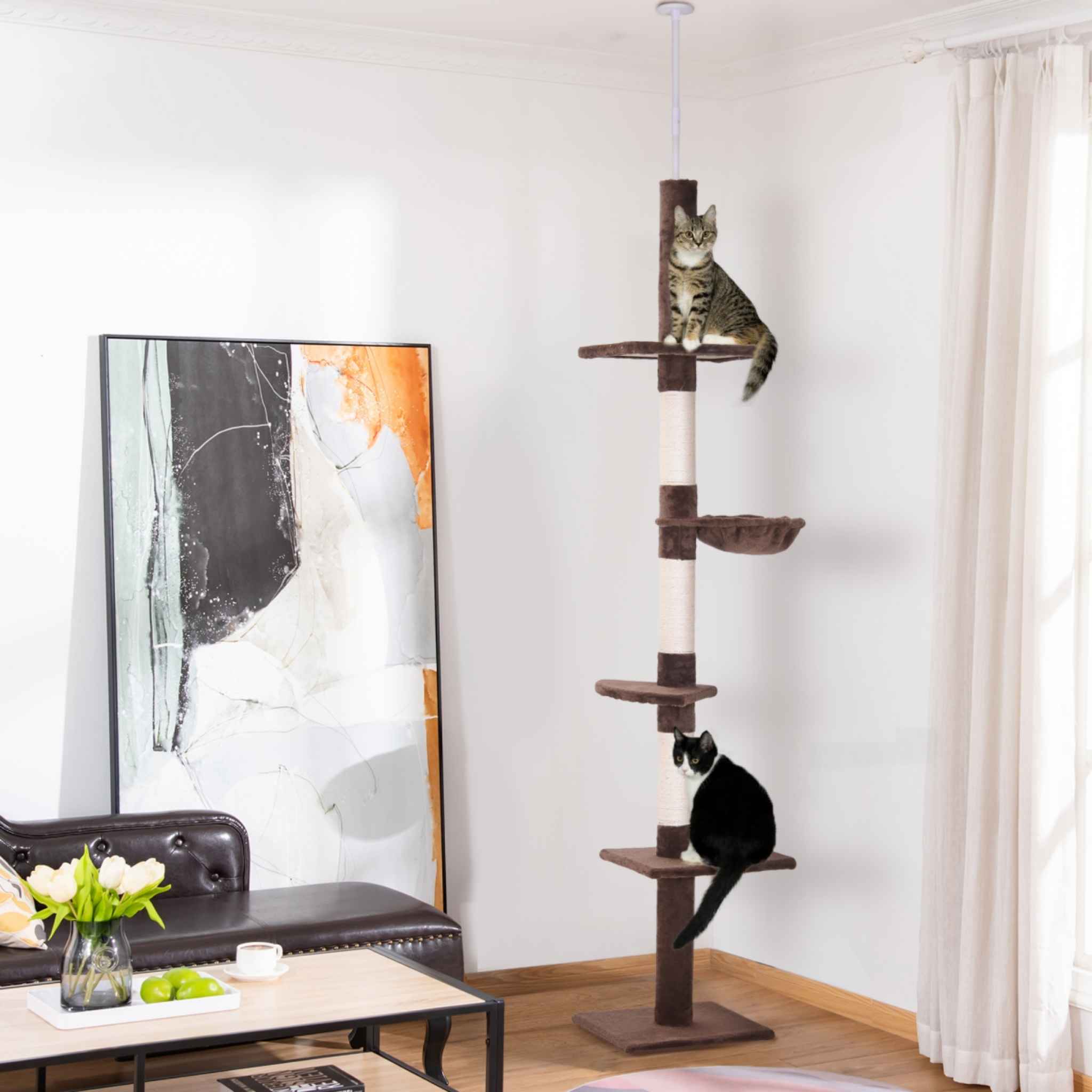 Two cats sitting on floor to ceiling cat tree tower
