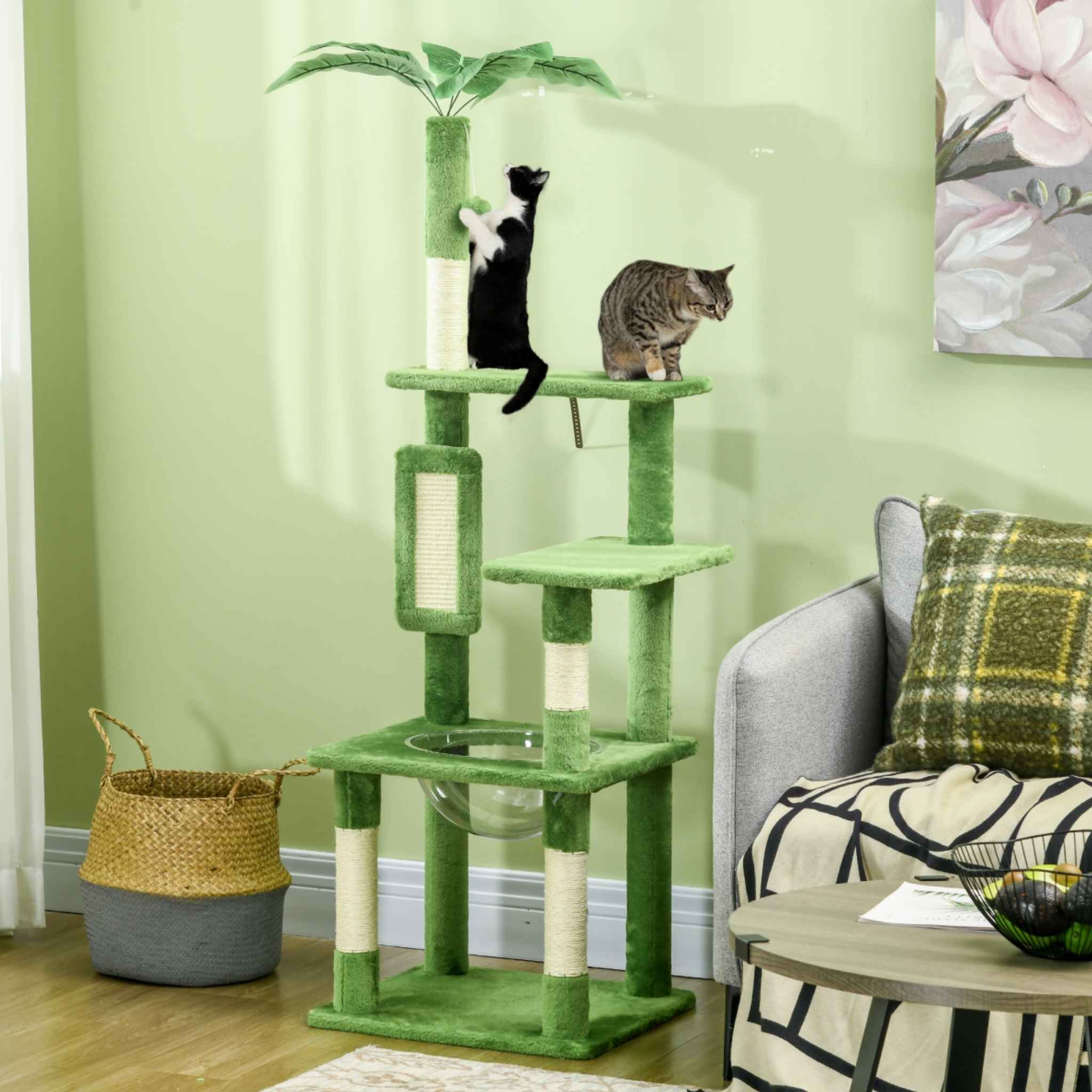 Two cats sitting on top perch of green cat tree