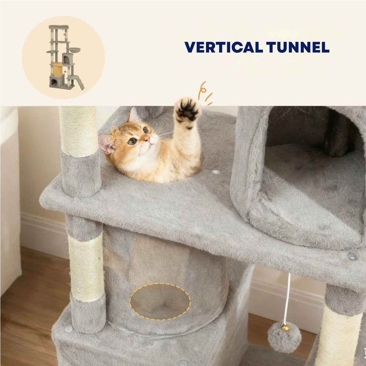 Vertical tunnel on large grey cat tree