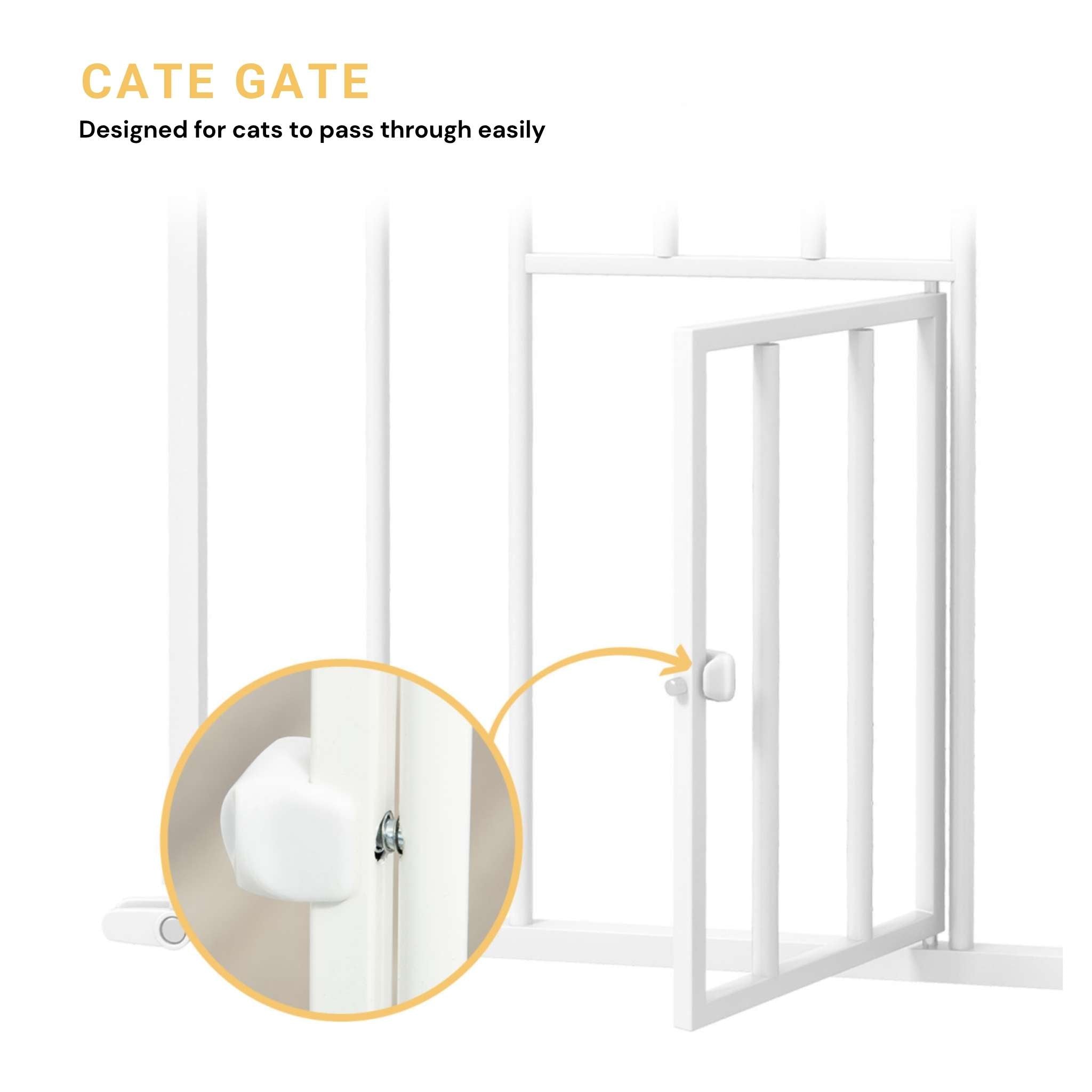 White cat gate within tall pet gate