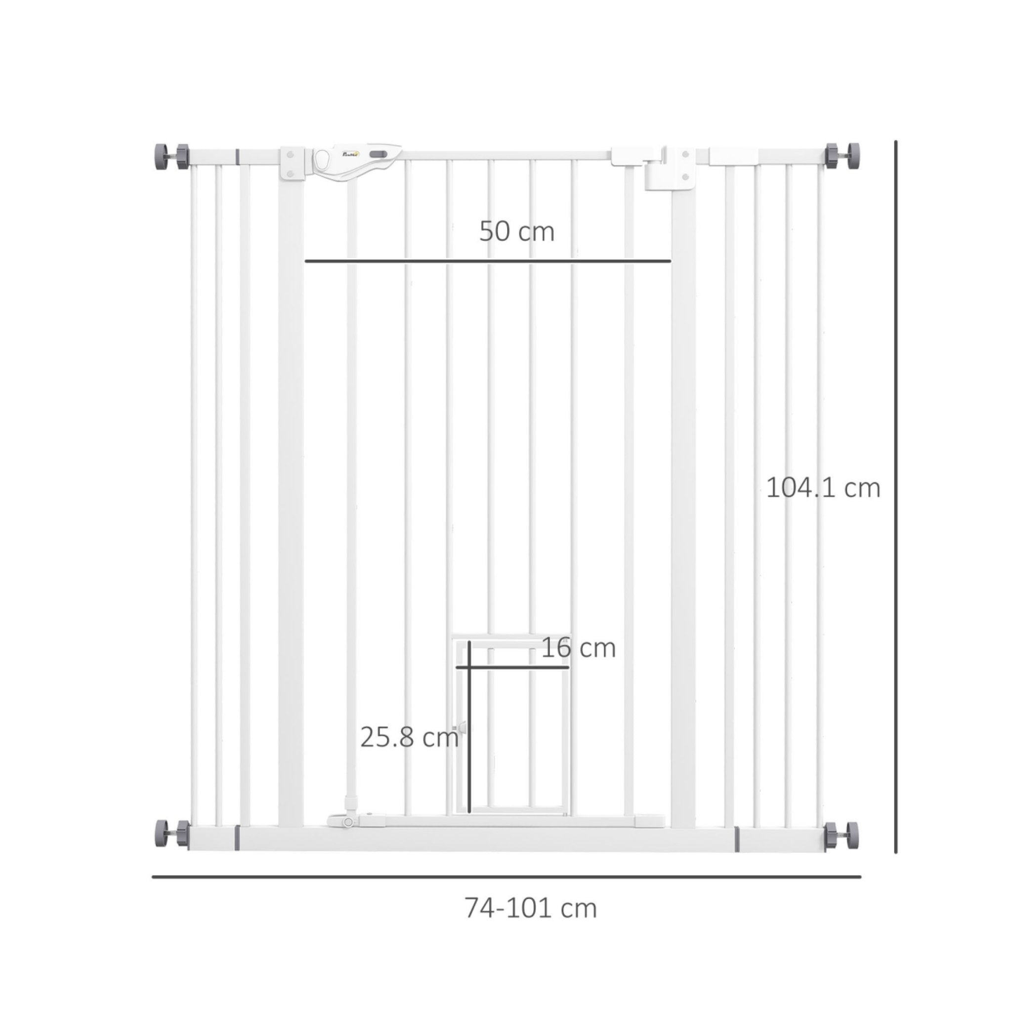 White extra tall pet gate with cat gate 74-101cm x 104cm dimensions